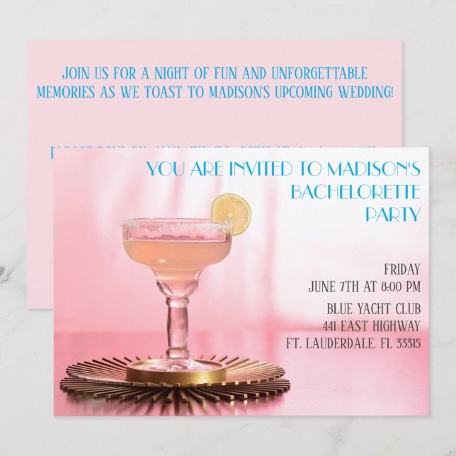 Invitation Mariée rose Margarita / Bachelorette (Devant / Derrière)