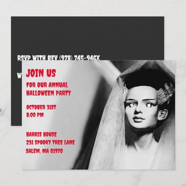 Invitation Mariée vintage noire et blanche de Frankenstein (Devant / Derrière)