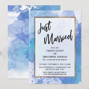 Invitation Mariés à peine Gold Border Abstract Blue Splashes