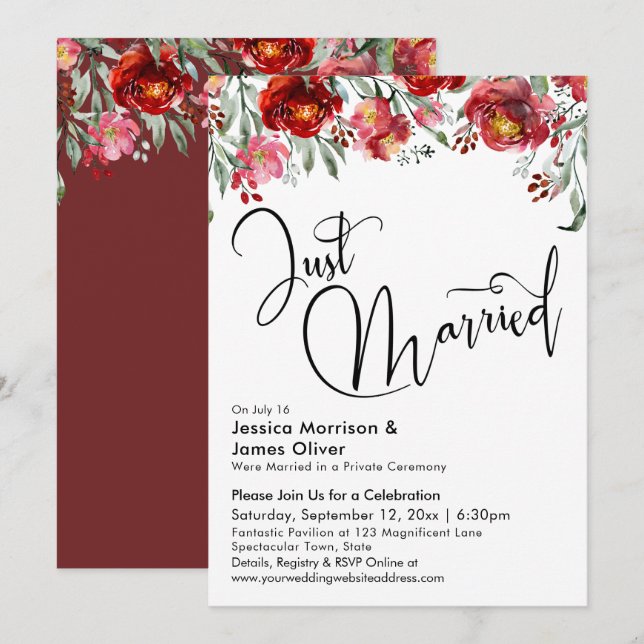 Invitation Mariés depuis peu Typographie Rouge Bourgogne Flor (Devant / Derrière)