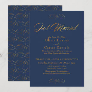 Invitation Mariés Élégant Calligraphie Or sur Fond Bleu Marin