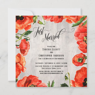 Invitation Mariés Floraison de Coquelicots Rouges sur Bois -