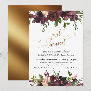 Invitation Mariés Floral Bourgogne Rouge Foncé Écriture Dorée