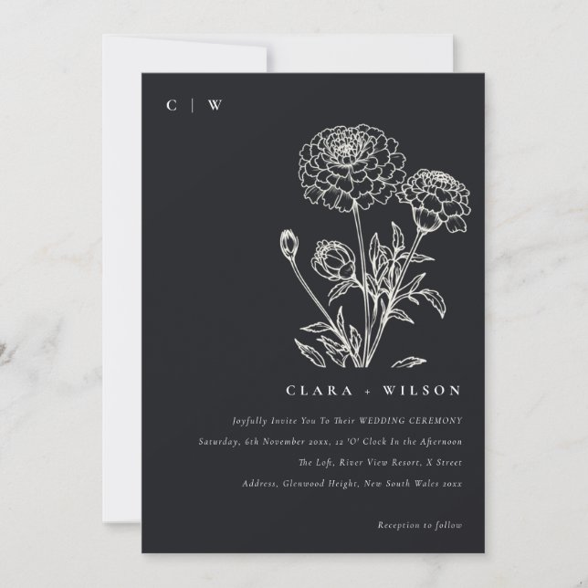 Invitation Marigold noir et blanc Mariage de croquis floraux (Devant)