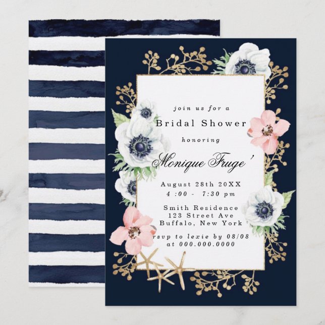 Invitation Marina Nautical Blooms Marine Blush Fête des marié (Devant / Derrière)
