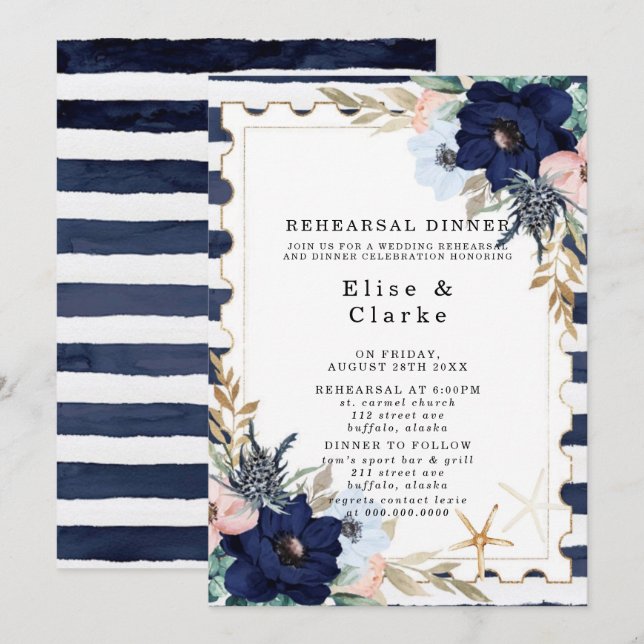 Invitation Marina Nautical Blooms Marine Blush Rehearer Dîner (Devant / Derrière)