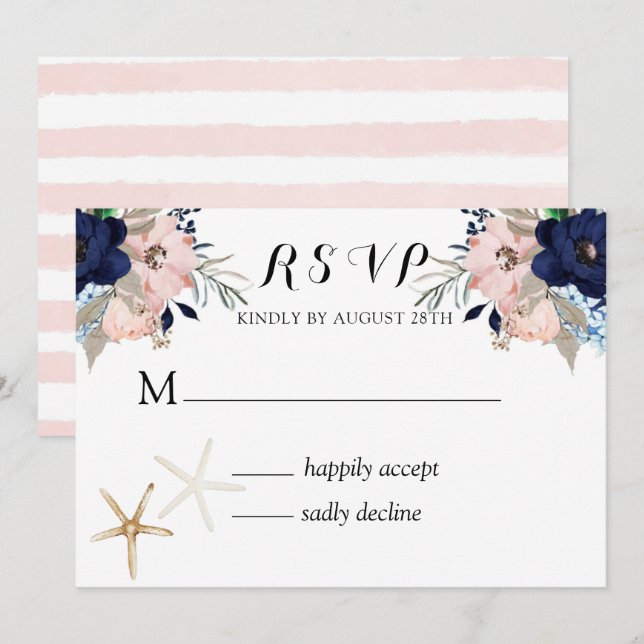Invitation Marina Nautique Fleurit Marine Blush Wedding RSVP  (Devant / Derrière)