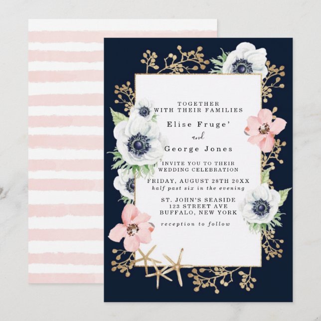 Invitation Marina Nautique Floroms Marine Blush Pink Mariage (Devant / Derrière)