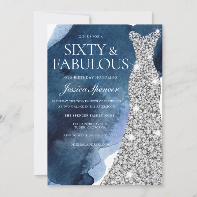 Invitation Marine Aquarelle et Argent Gown 60e fête d'anniver (Devant)