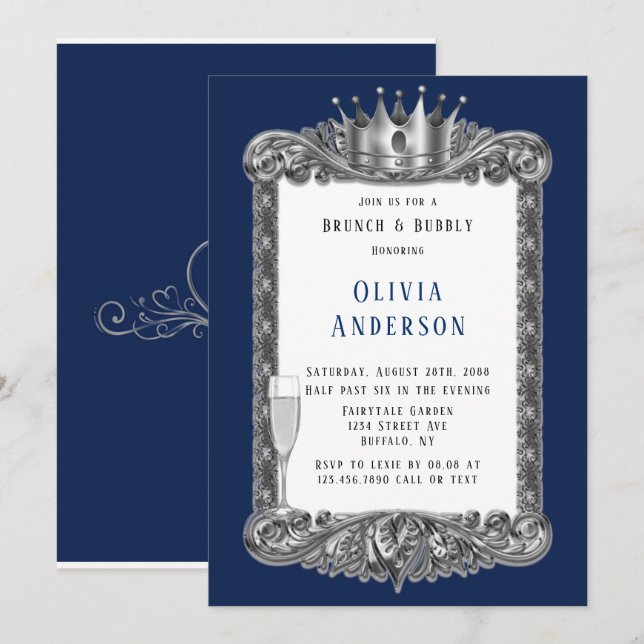 Invitation Marine Argent Cadre Royal Couronne Brunch et Bubbl (Devant / Derrière)
