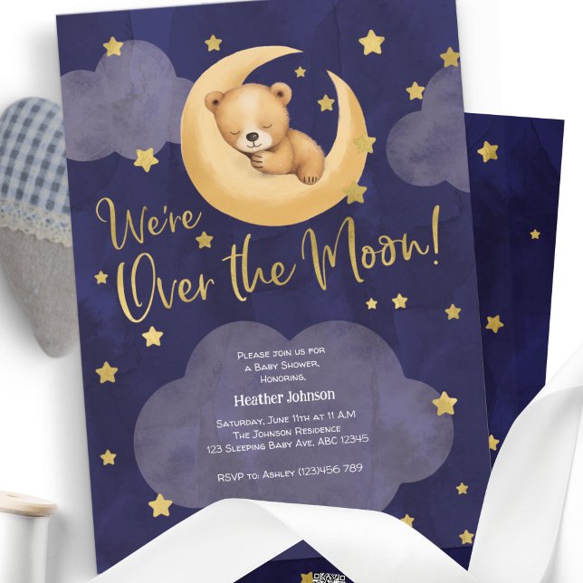 Invitation Marine au-dessus de la lune Ours en peluche Twinkl (Teddy Bear, Over The moon Themed, Baby Shower Shower A7 Invitation.)