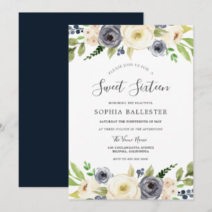 Invitation Marine & Blanc Champagne Floral Sweet 16 Party
