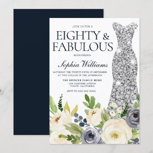Invitation Marine Blanc Floral Argent Robe 80e fête d'anniver