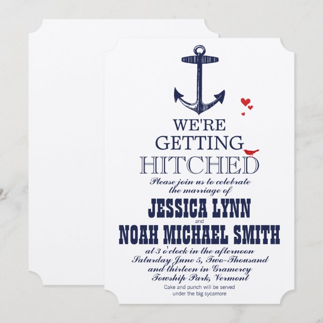Invitation Marine Bleu Ancre nautique Typographie Mariage rou (Devant / Derrière)