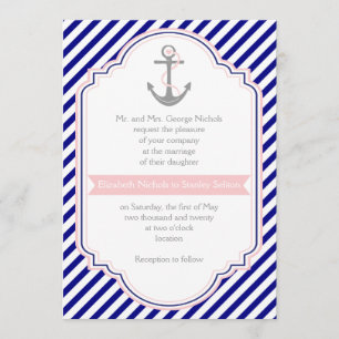 Invitation Marine bleu, ancre rose et rayures mariage nautiqu