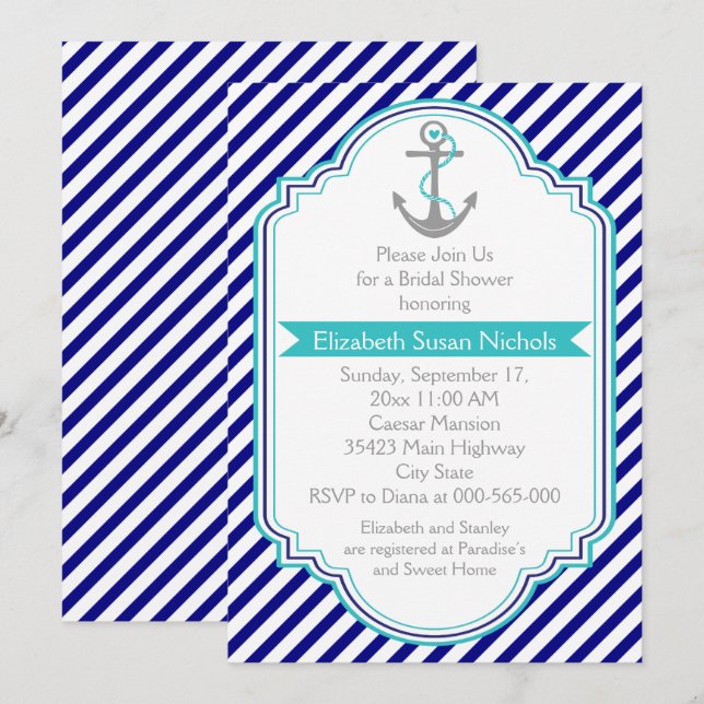 Invitation Marine bleu, aqua nautique mariage douche nuptiale (Devant / Derrière)