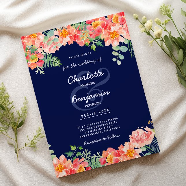 Invitation Marine bleu aquarelle corail rose Mariage botaniqu (Navy blue watercolor coral pink Botanical Wedding )