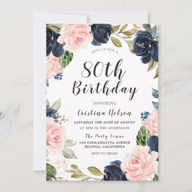 Invitation Marine Bleu Aquarelle couleur 80e anniversaire (Devant)