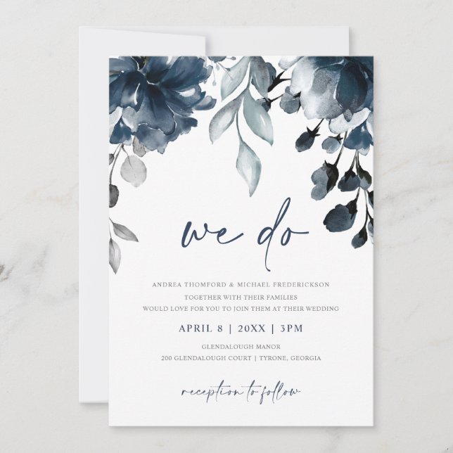 Invitation Marine Bleu Aquarelle Floral Jardin Mariage Invita (Devant)