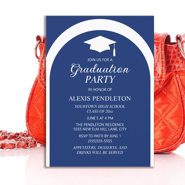 Invitation Marine Bleu Arc Blanc Bleu Bleu Bac de diplôme de  (Navy blue graduation party invitation)