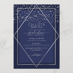 Invitation Marine Bleu Argent Confetti Bordure Graduation