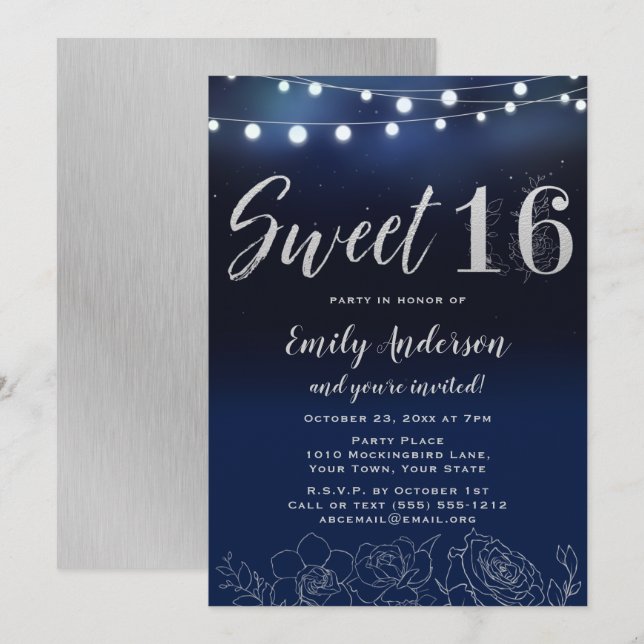 Invitation Marine Bleu Argent Éclairage Floral Sweet 16 (Devant / Derrière)