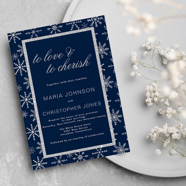Invitation Marine bleu argent parties scintillant flocon de n (Navy blue silver glitter snowflake winter Wedding )