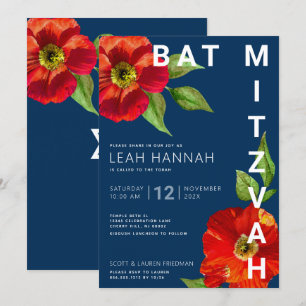 Invitation Marine bleu Bat mitzvah Rouge Floral Aquarelle mod