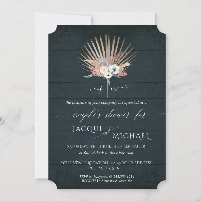 Invitation Marine Bleu Blanc BOHO Tropical Floral Couple Douc (Devant)