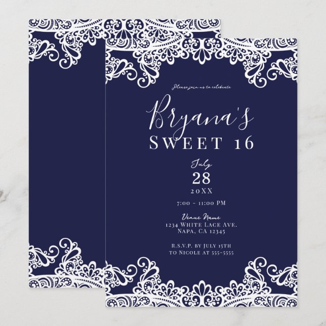 Invitation Marine Bleu & Blanc Dentelle Élégante Douce 16 Par (Devant / Derrière)