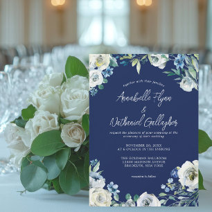 Invitation Marine Bleu Blanc Floral manuscrit Mariage d'hiver
