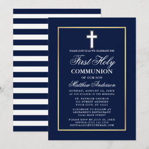 Invitation Marine Bleu Blanc Or Cadre Première Sainte Communi