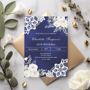 Invitation Marine bleu blanc roses dentelle anniversaire