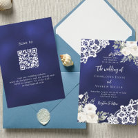 Marine bleu blanc roses dentelle QR code mariage