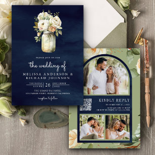 Invitation Marine bleu blanc Roses Mason Jar QR Code Mariage