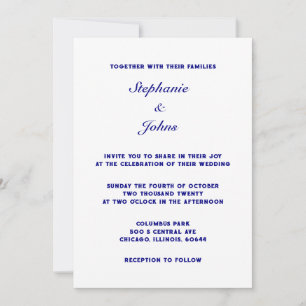 Invitation Marine Bleu Blanc Simple Minimal Mariage élégant