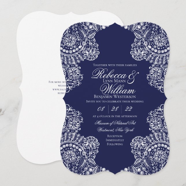 Invitation Marine Bleu Blanche dentelle Élégant mariage vinta (Devant / Derrière)