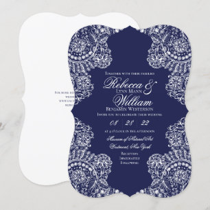 Invitation Marine Bleu Blanche dentelle Élégant mariage vinta