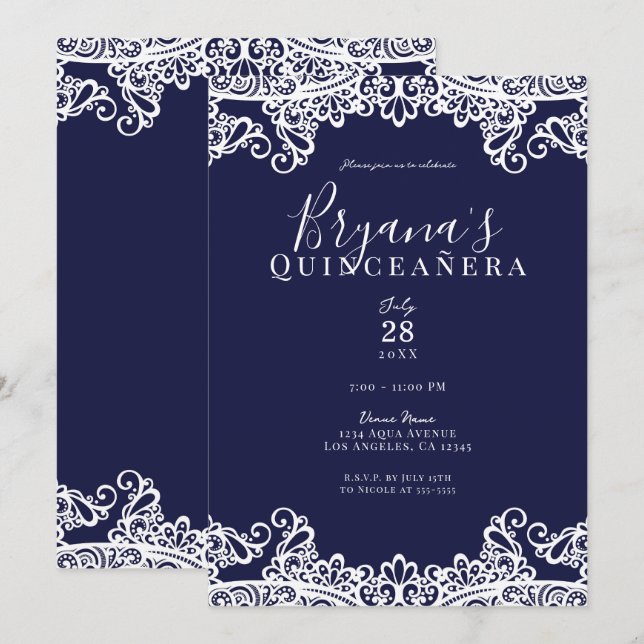 Invitation Marine Bleu & Blanche dentelle Elegant Quinceañera (Devant / Derrière)