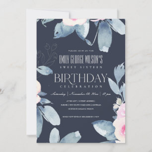 INVITATION MARINE BLEU BLEU FLORAL DOUCE 16 TOUT ÂGE ANNIVERS