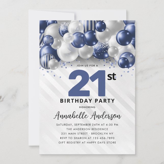 Invitation Marine Bleu Bleu Parties scintillant de ballons d' (Devant)