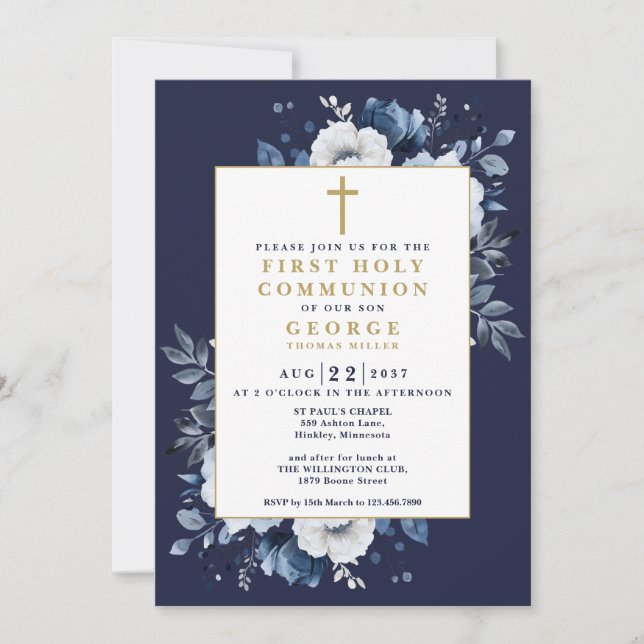 Invitation Marine Bleu Boho Floral First Holy Communion (Devant)