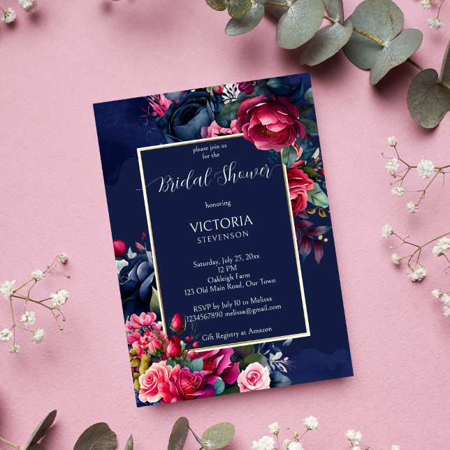 Invitation Marine bleu bordeaux rose rose roses douche nuptia (Navy blue burgundy pink peony vintage roses gold frame bridal shower invitation template )