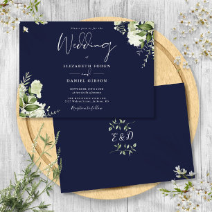 Invitation Marine Bleu Botanique Verdure Monogramme Mariage