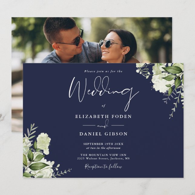 Invitation Marine Bleu Botanique Vert Mariage photo (Devant / Derrière)