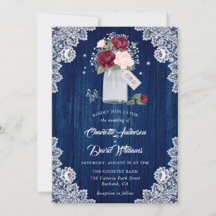 Invitation Marine bleu Bourgogne Blush Lace Mason Jar Mariage