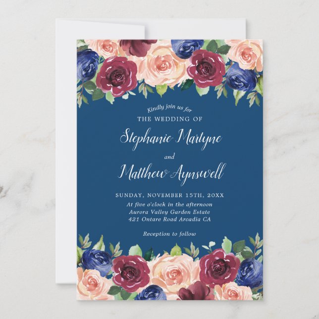 Invitation Marine Bleu Bourgogne Blush Moderne Floral Mariage (Devant)