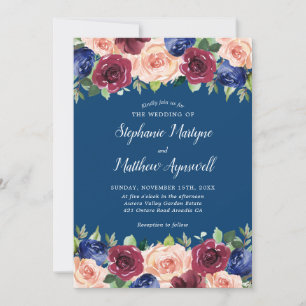 Invitation Marine Bleu Bourgogne Blush Moderne Floral Mariage