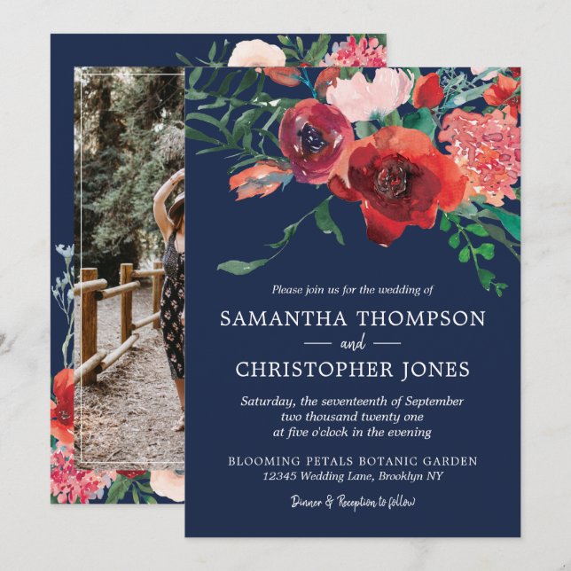 Invitation Marine Bleu Bourgogne Corail Rouge Floral Mariage  (Devant / Derrière)