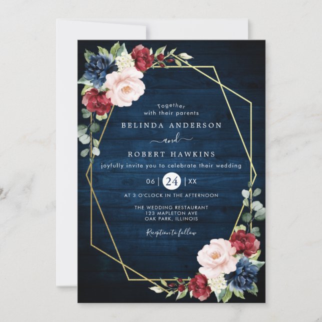 Invitation Marine Bleu Bourgogne Or Blush Mariage campagnard  (Devant)